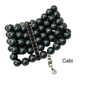 Cabi Heritage Black Pearl Bracelet Silver Tone Rhinestone Blue Gray 5 Strand